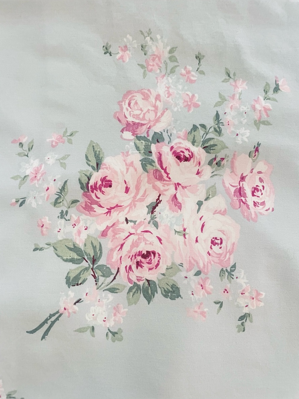 Vintage Simply Shabby Chic Pillow Sham Pink Roses on Light Blue Cotton Standard